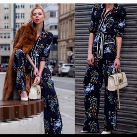 Zara Tropical Print Wide Leg Jumpsuit Size XS - Picture 2 of 16